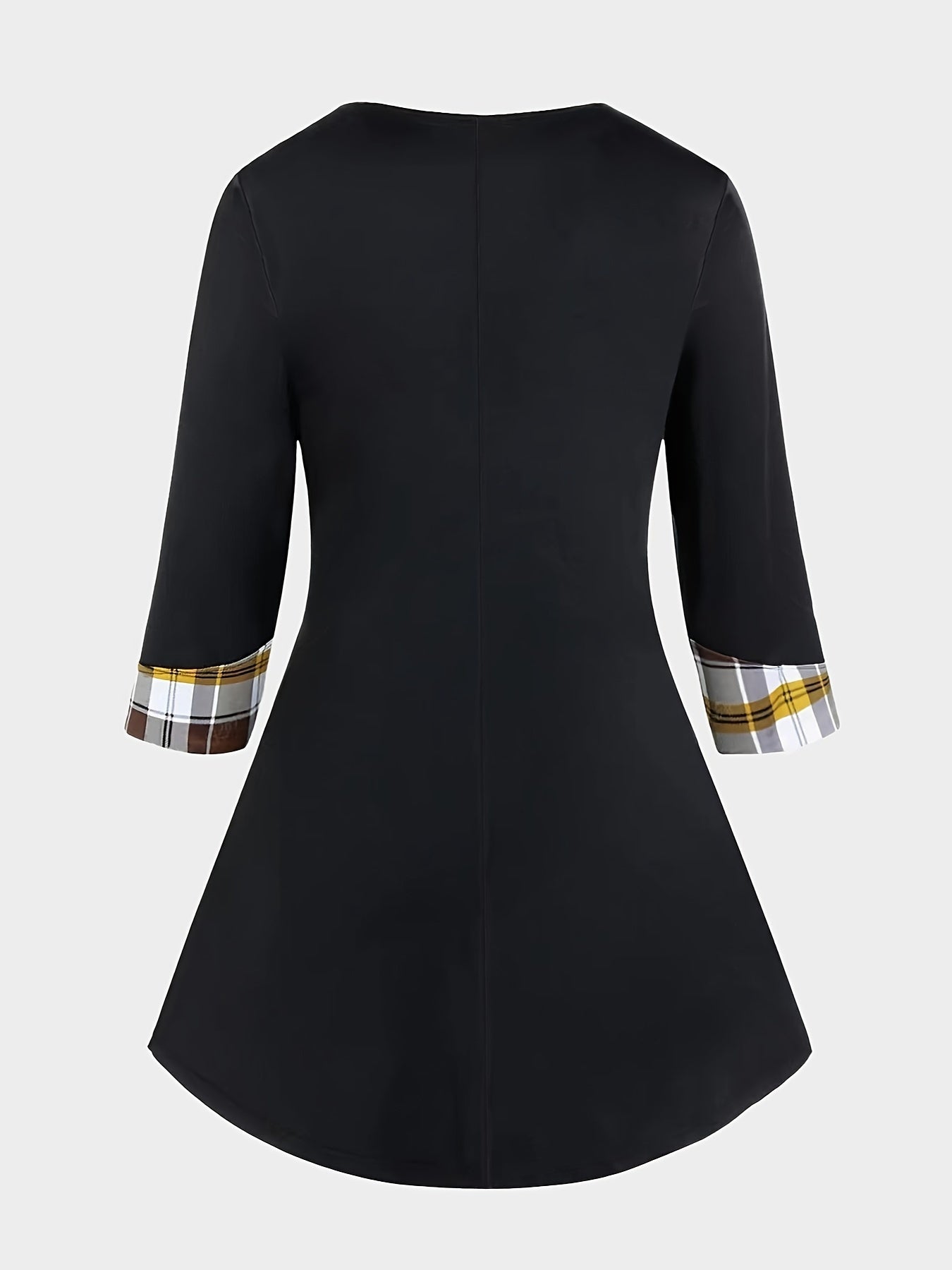  Colorblock Plaid Long Sleeve A Line Dress