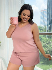  Solid V Neck Tank Top & Tie Front Shorts Lounge Set