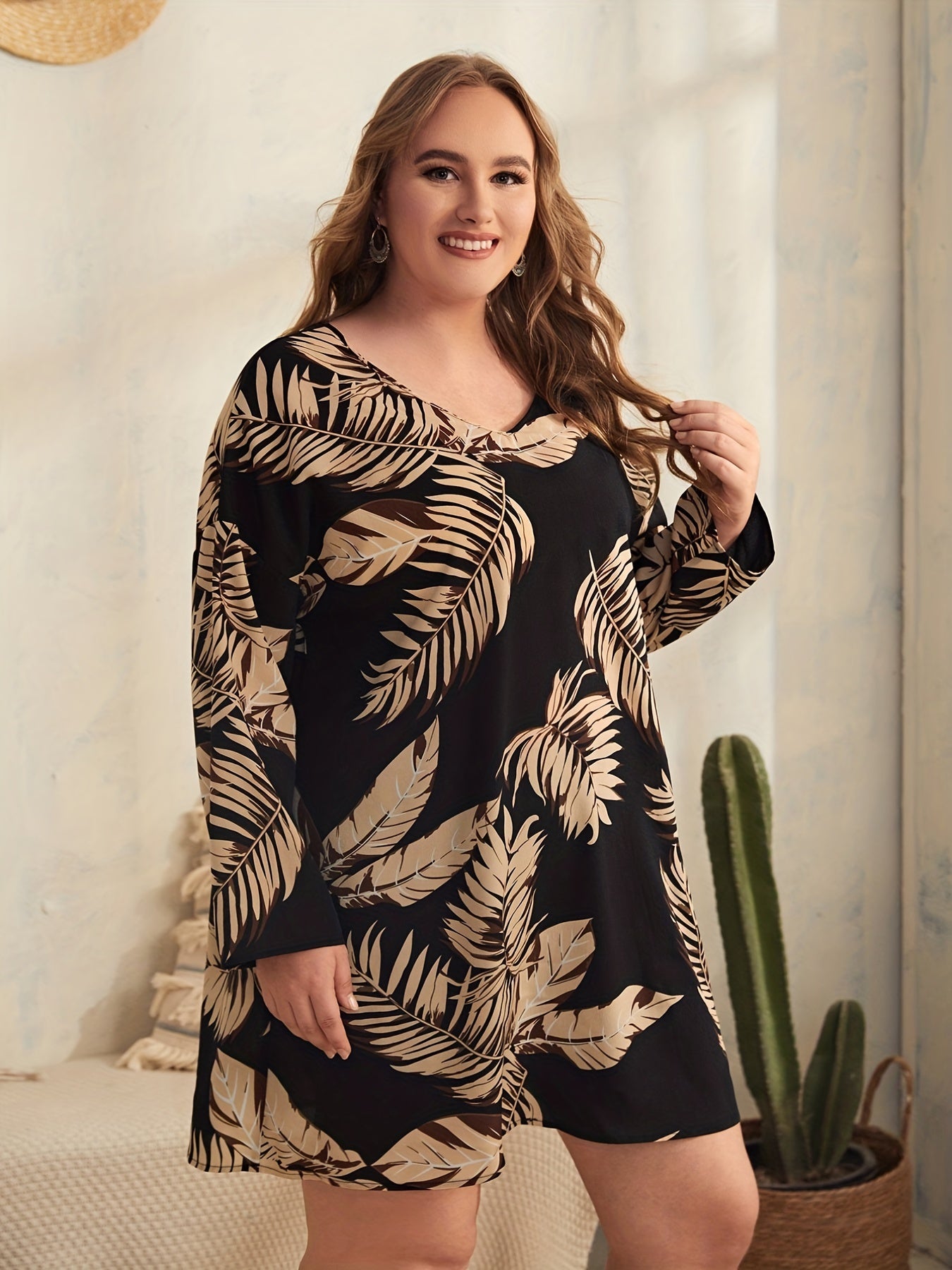  Tropical Print V-Neck Mini Dress Long Sleeve Loose Fit