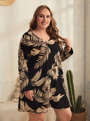  Tropical Print V-Neck Mini Dress Long Sleeve Loose Fit