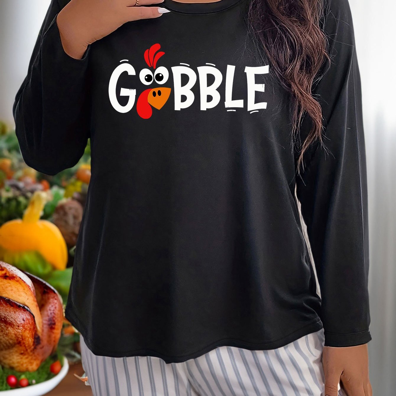  Turkey Graphic Long Sleeve Casual Sleepwear Top