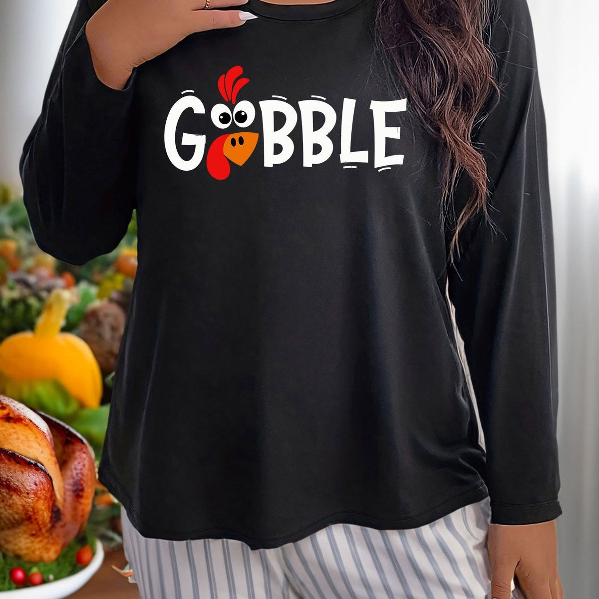  Turkey Graphic Long Sleeve Casual Sleepwear Top