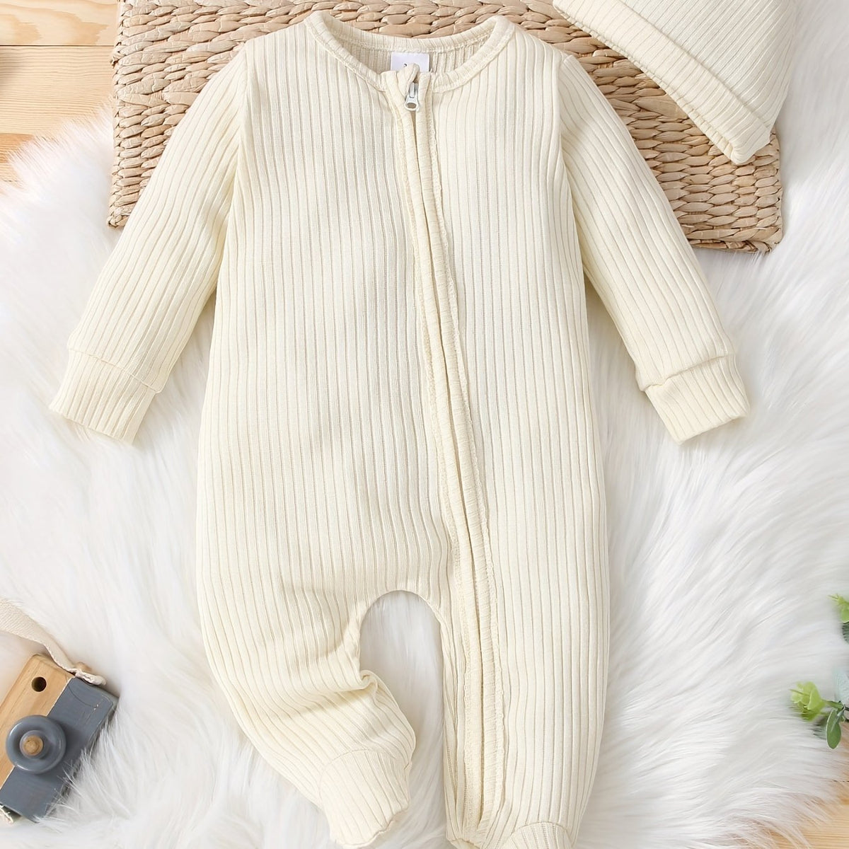 2pcs Baby Unisex Zipper Romper & Hat Set