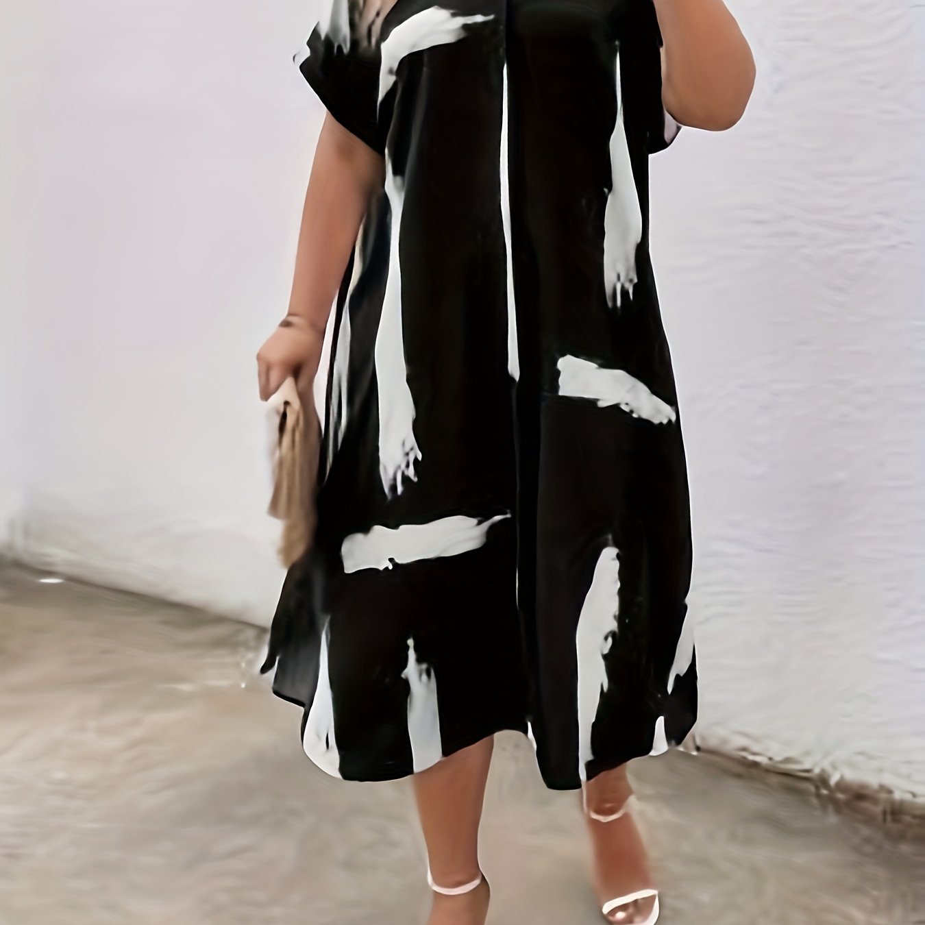  Casual Dress Women's Plus Brush Print Batwing Sleeve V Neck Dress