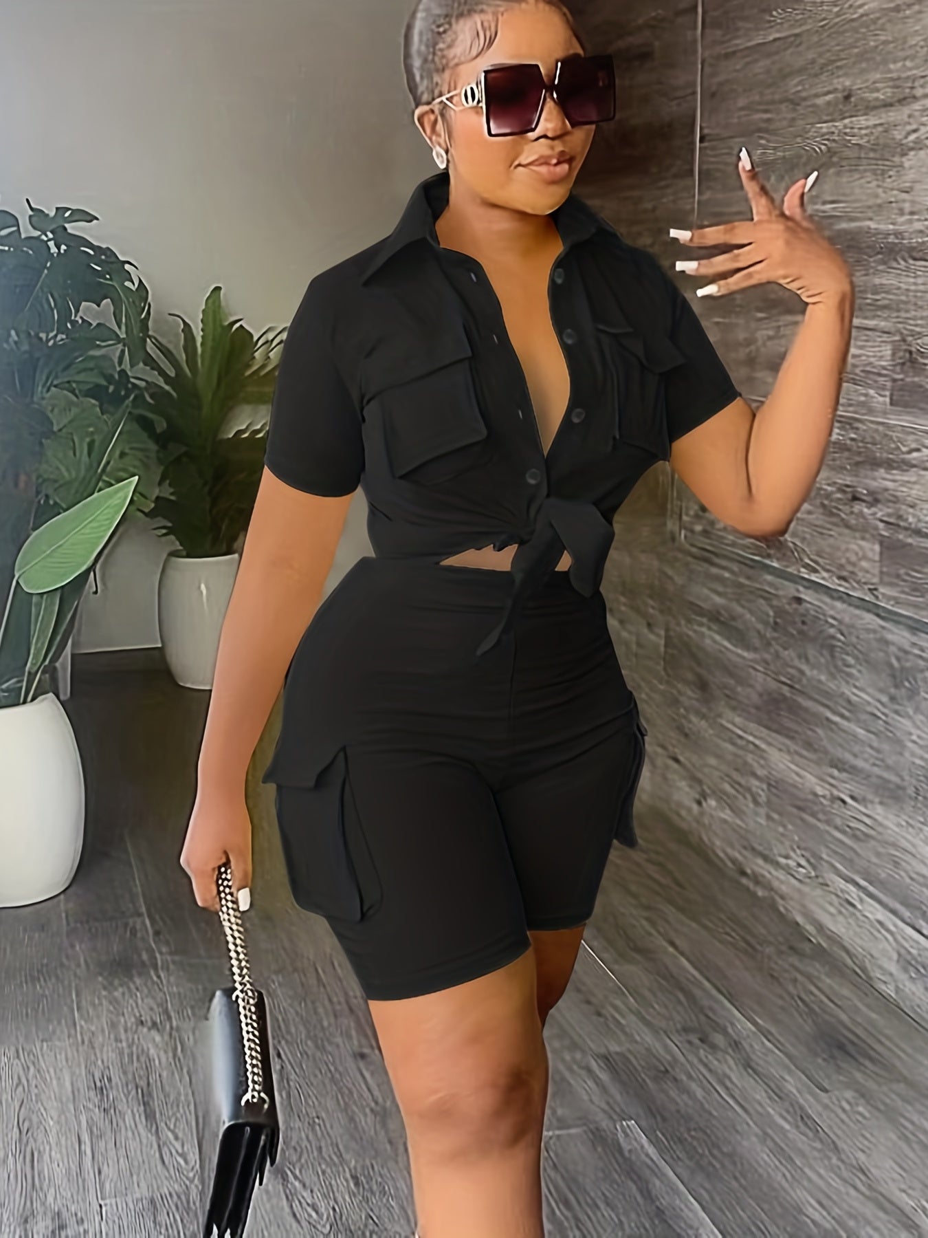 Casual Solid Matching Two Piece Set Short Sleeve Blouse & Flap Pockets Shorts