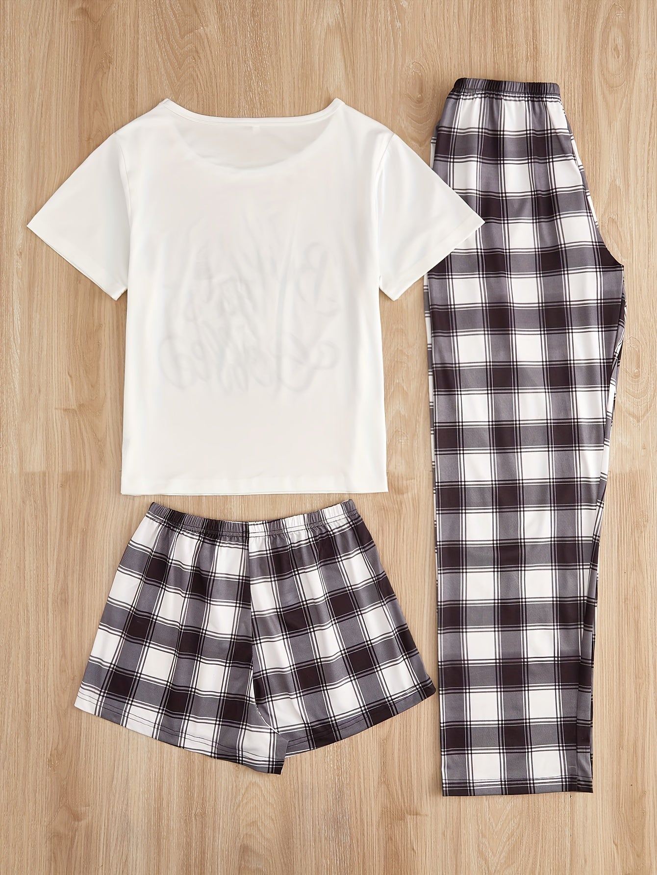 Letter Print Pajamas Set Short Sleeve Crew Neck Top & Shorts & Plaid Pants