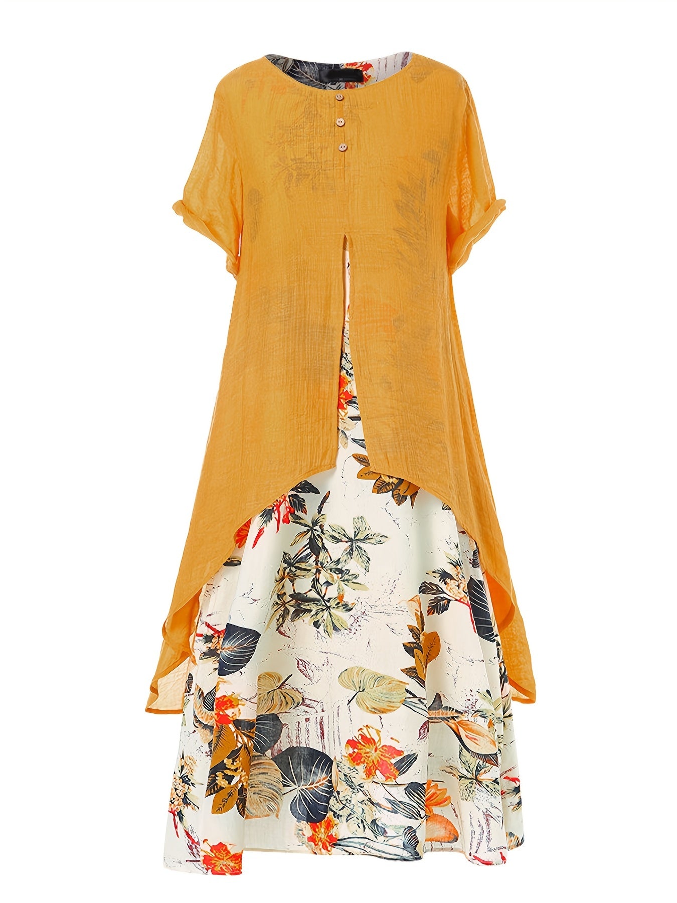 Asymmetrical Floral Print Dress Short Sleeve Crew Neck Casual Dress