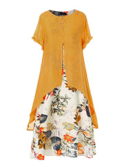 Asymmetrical Floral Print Dress Short Sleeve Crew Neck Casual Dress
