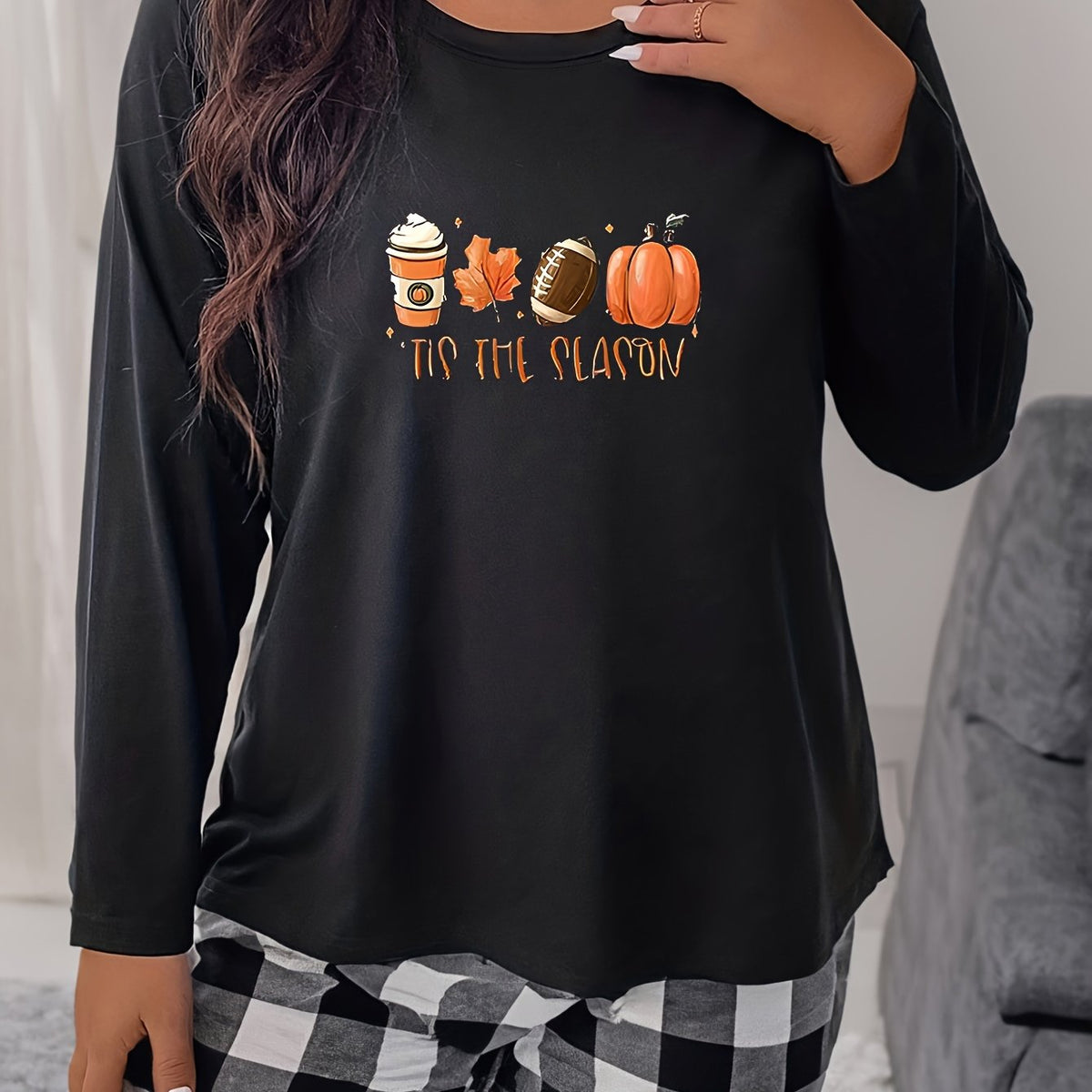  Football & Pumpkin Print Long Sleeve Pajama Top