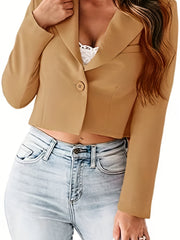 Single Button Crop Blazer Lapel Neck Long Sleeve Casual Office Blazer