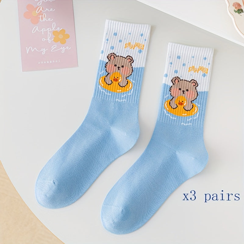 3 Pairs Bear & Bunny Crew Socks Women's Stockings