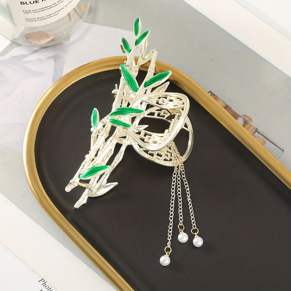 Golden Bamboo Pearl Tassel Hair Claw Clip Non Slip Strong Hold