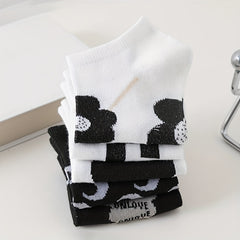 5 Pairs Letter & Floral Print Socks Crew Ankle Women's Stockings
