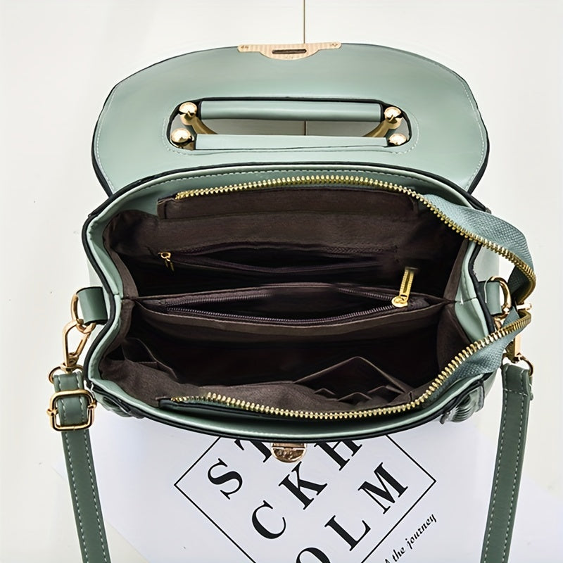 Top Handle Shoulder Bag Turn Lock PU Leather Handbag