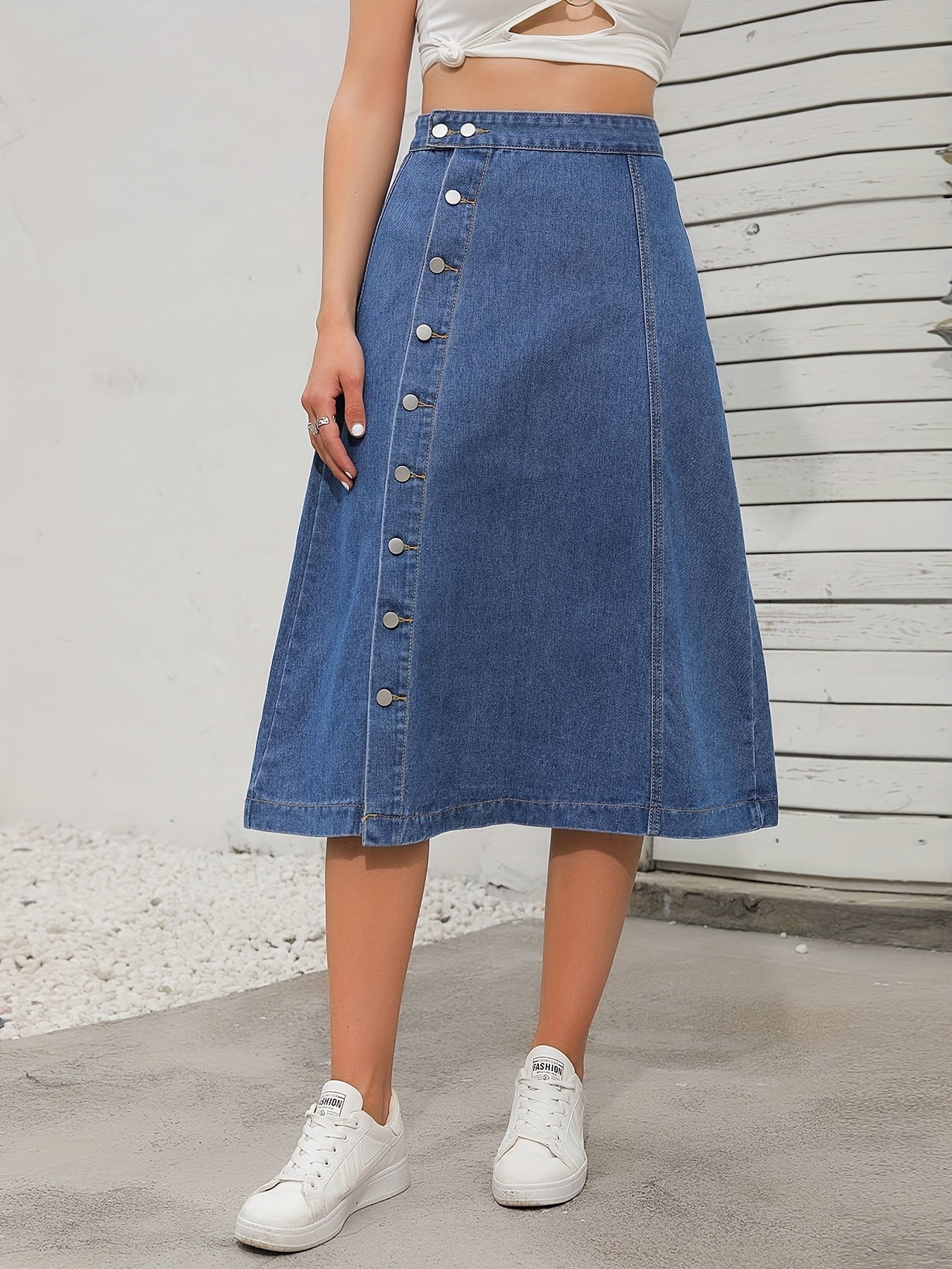 Non Stretch Denim Midi Skirt Single Breasted Button Casual Denim Skirt