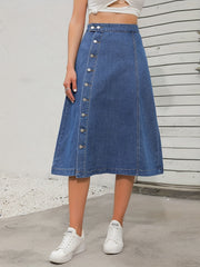 Non Stretch Denim Midi Skirt Single Breasted Button Casual Denim Skirt