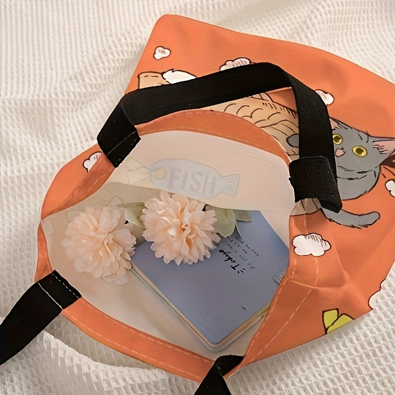 Cat And Fish Print Canvas Tote Bag Large Travel Beach Shoulder Bag