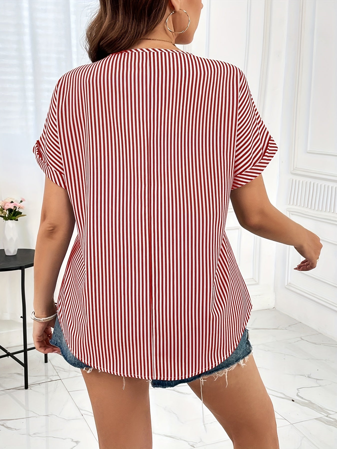  Nautical Stripe Zipper V Neck Blouse