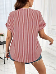  Nautical Stripe Zipper V Neck Blouse