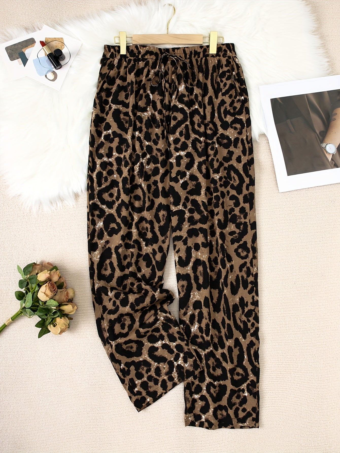 Leopard Print High Rise Wide Leg Pants
