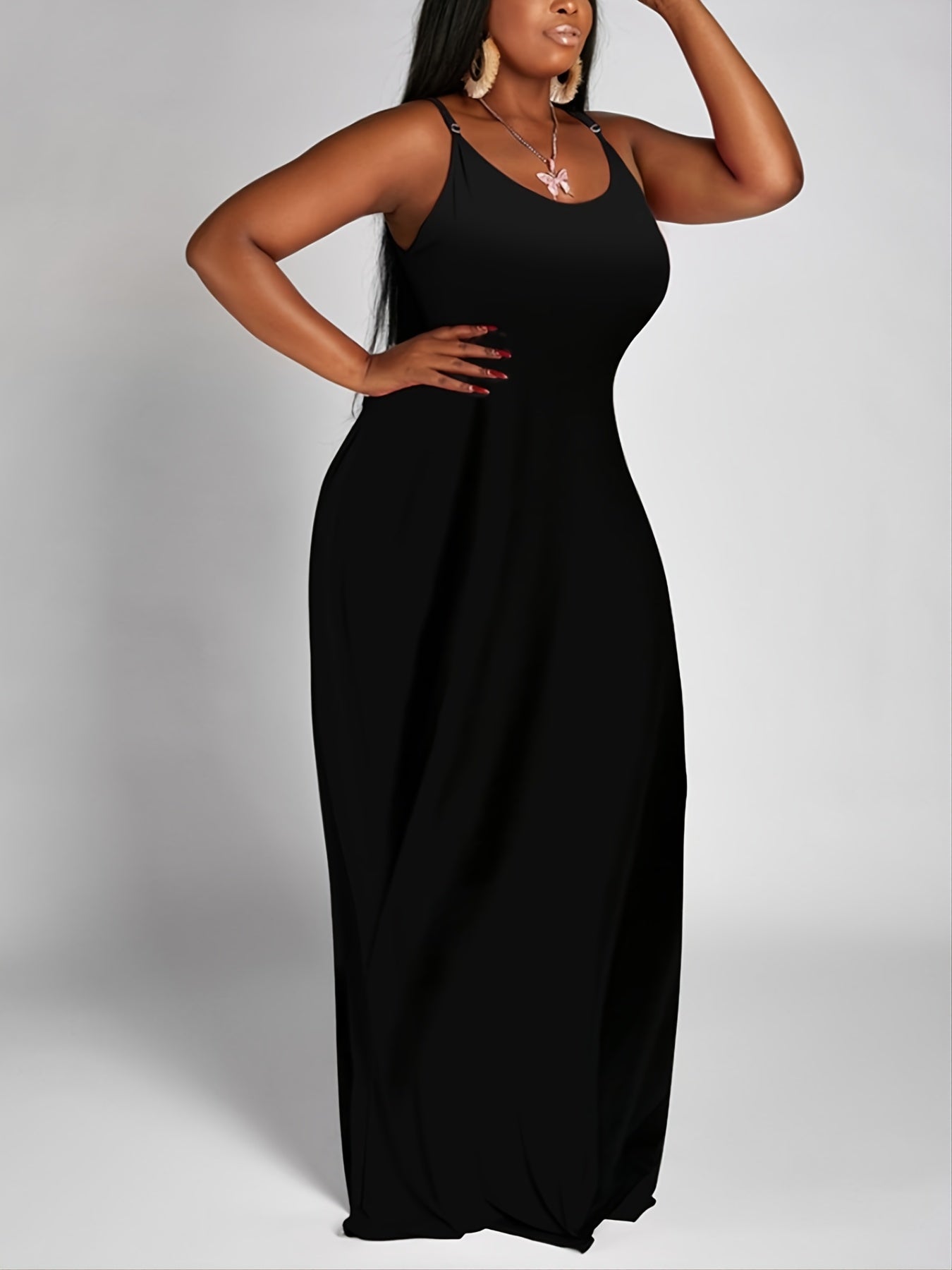  Solid Maxi Dress With Pocket Women's Plus Long Dress