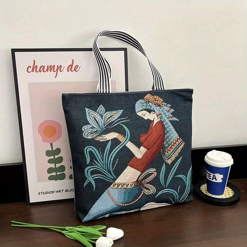 Ethnic Style Canvas Tote Bag Vintage Embroidery Large Shoulder Bag