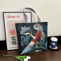 Ethnic Style Canvas Tote Bag Vintage Embroidery Large Shoulder Bag