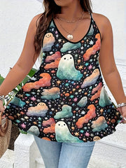  Halloween Ghost & Star Print V Neck Cami Top