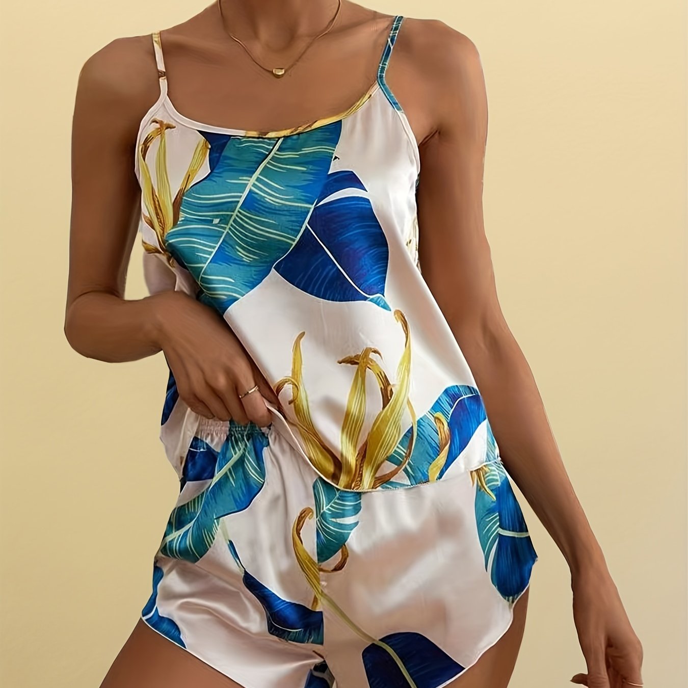 Leaf Print Pajama Set Cami Top & Shorts Women's Sleepwear