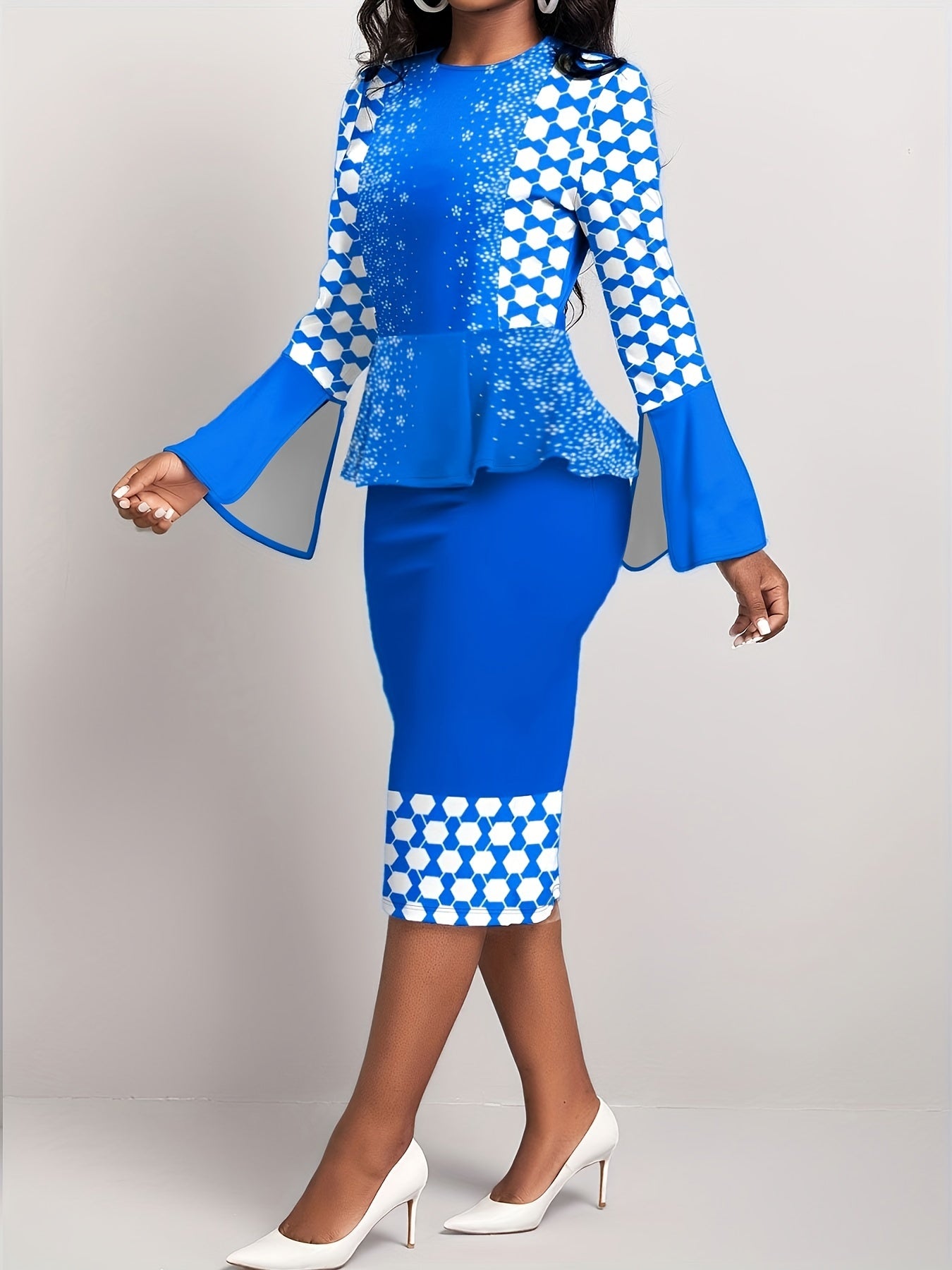 Colorblock Geometric Print Bell Sleeve Midi Dress