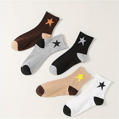 5 Pairs Star Print Socks Soft & Breathable Mid Tube Women's Stockings