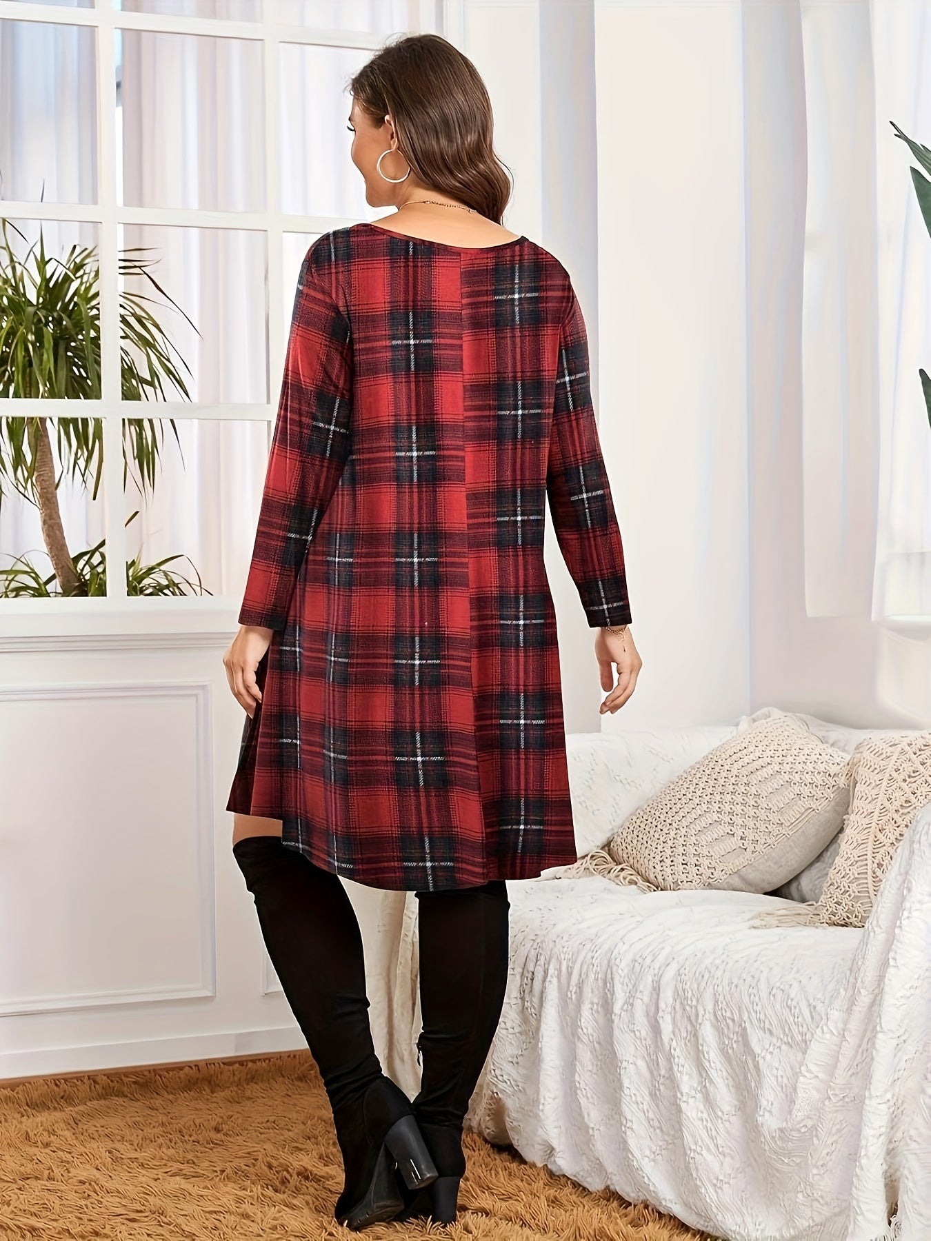  Plaid Print Long Sleeve Dress