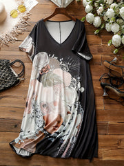  Cartoon Print V Neck Short Sleeve Dress With Pockets