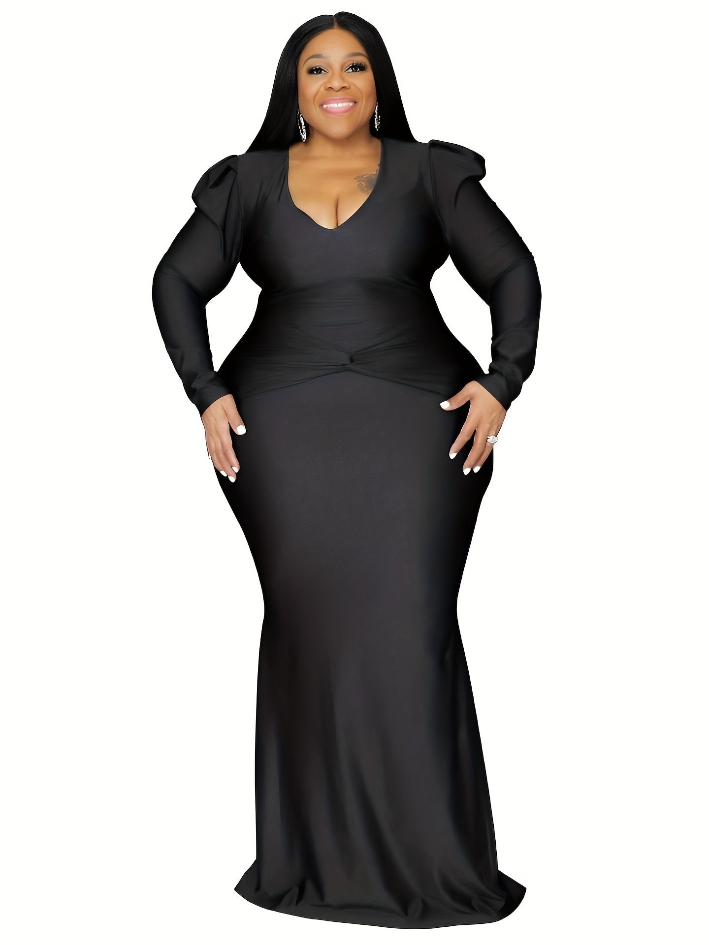 Solid Long Puff Sleeve Mermaid Prom Maxi Dress