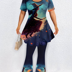  Halloween Cartoon Witch Print Tunic Top & Flared Leg Pants Set