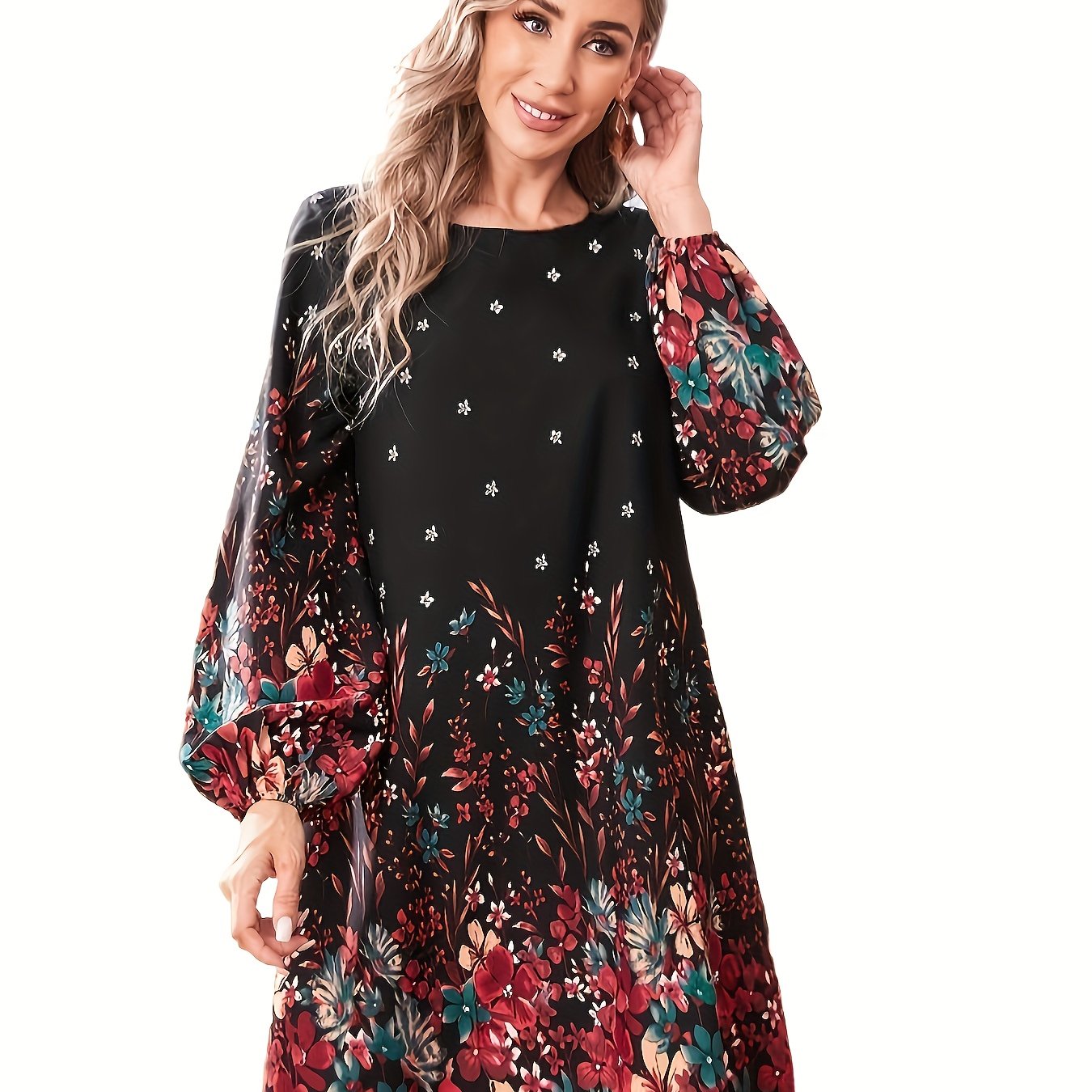  Women's Floral Print Lantern Sleeve Dress