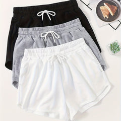 3pcs Solid Lounge Bottoms Elastic Waistband Shorts Womens Loungewear