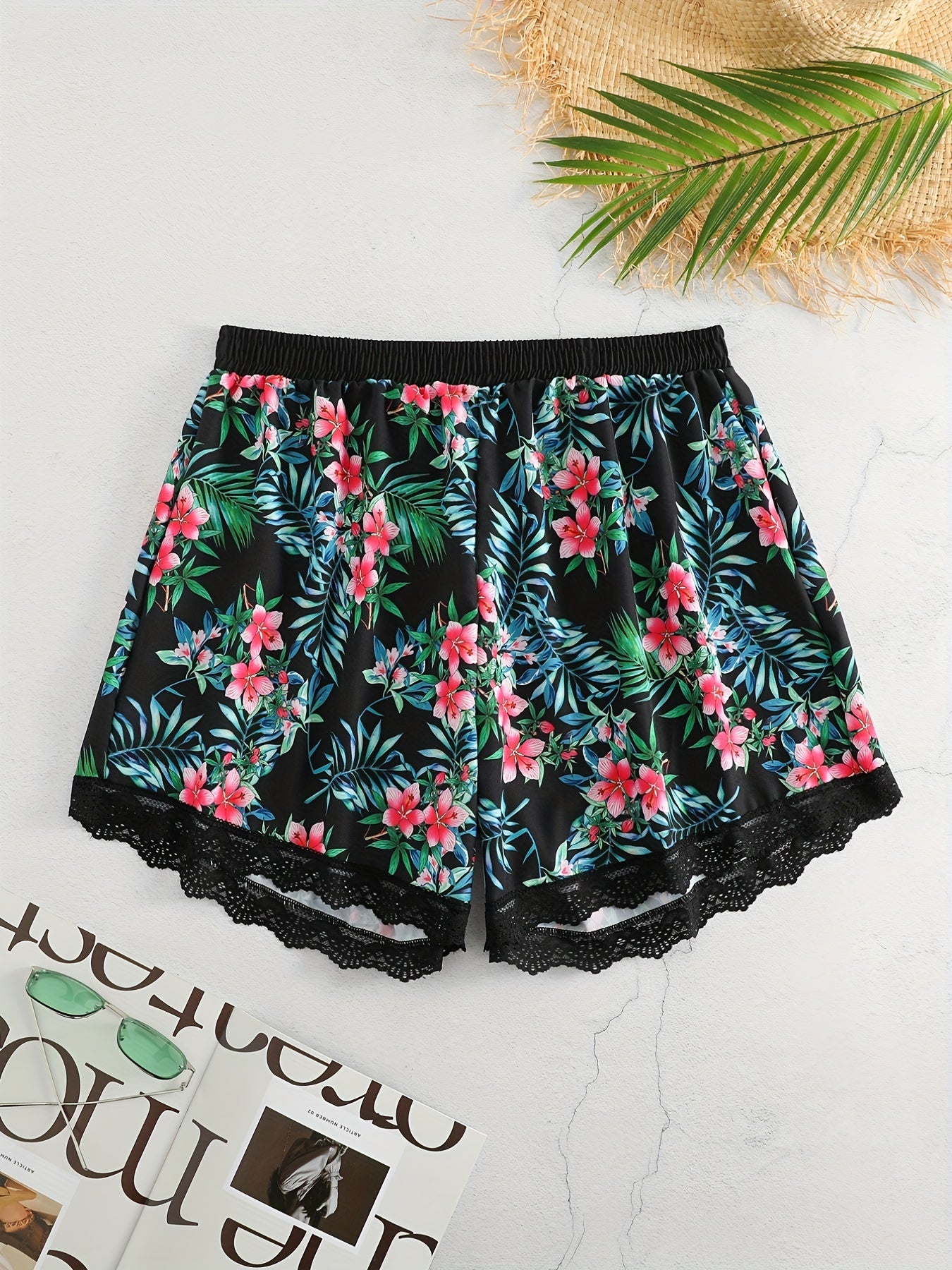  Rose Print Lace Elastic Stretch Shorts