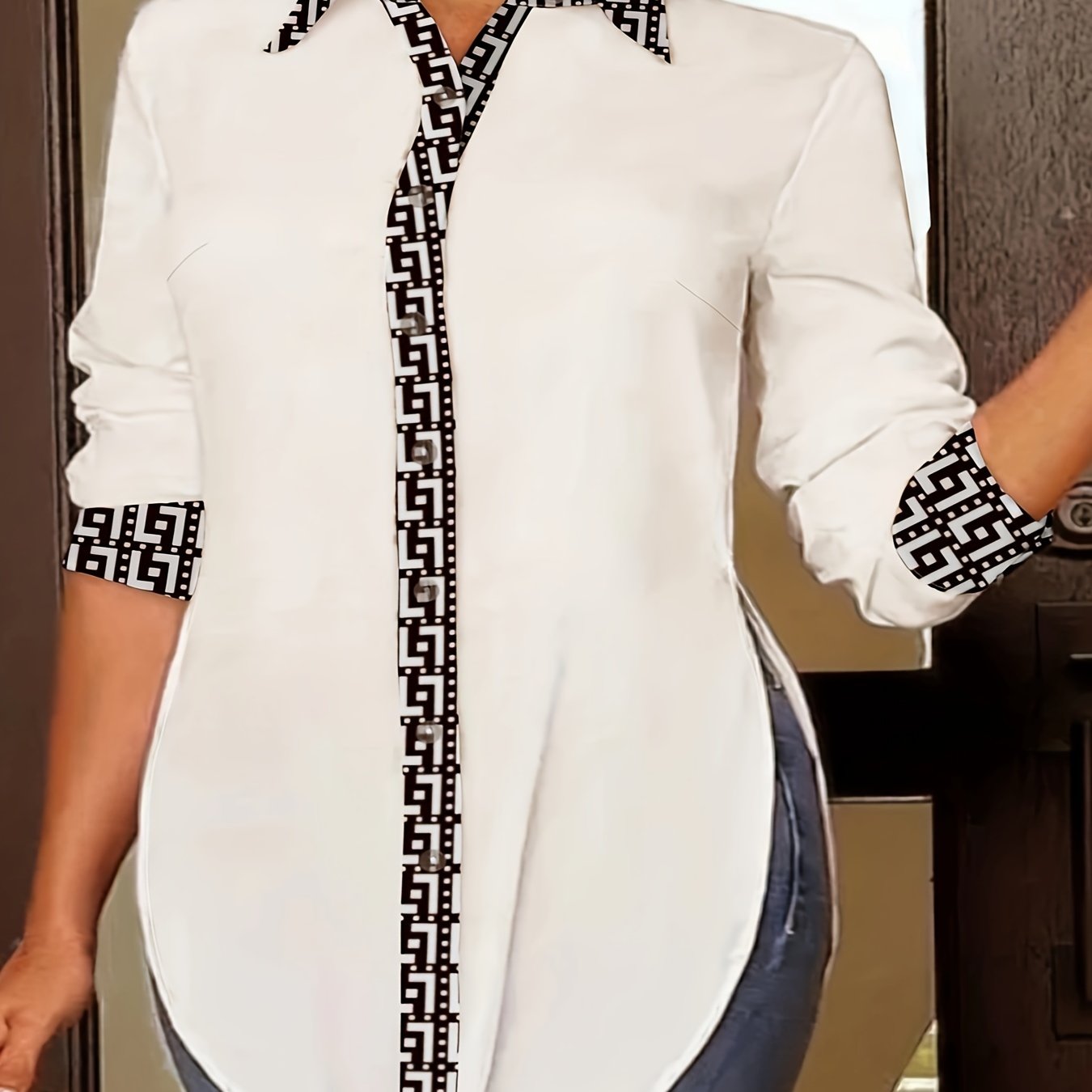 Plus Size Colorblock Geometric Print Button Up Collar Shirt