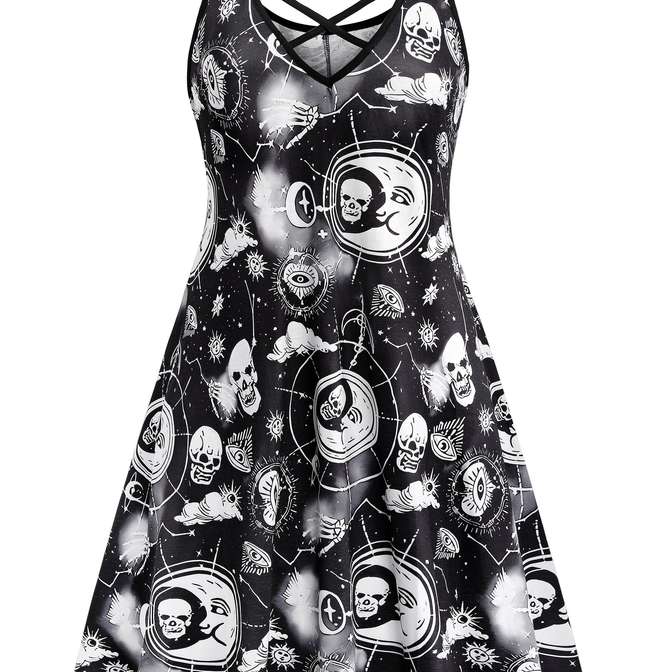  Gothic Dress Women's Plus Skull & Moon Print Criss Cross V Neck Dress