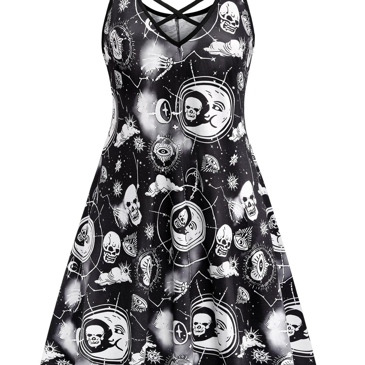  Gothic Dress Women's Plus Skull & Moon Print Criss Cross V Neck Dress