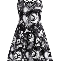  Gothic Dress Women's Plus Skull & Moon Print Criss Cross V Neck Dress