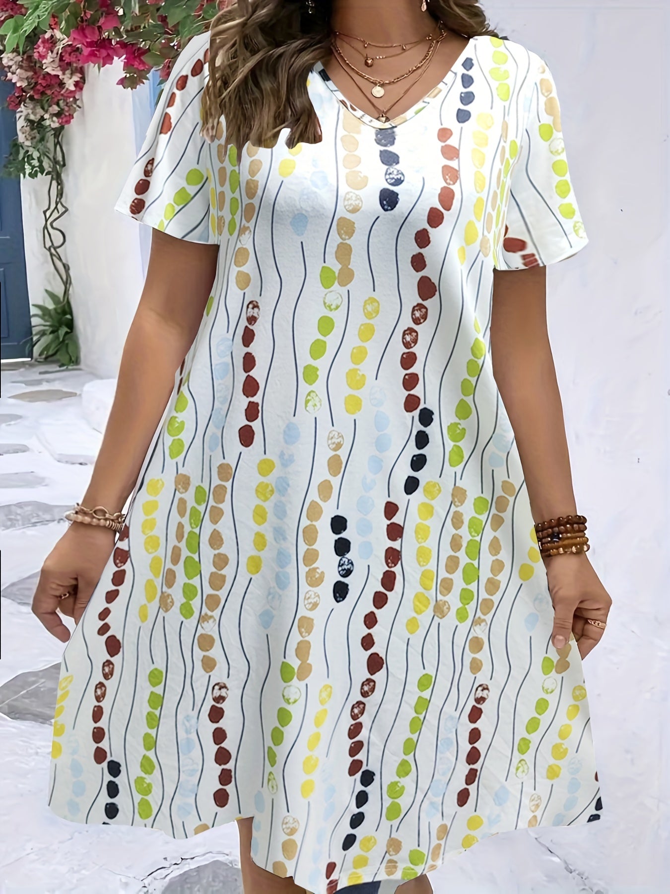  Casual Dress Women's Plus Print V Neck Stretch Dress