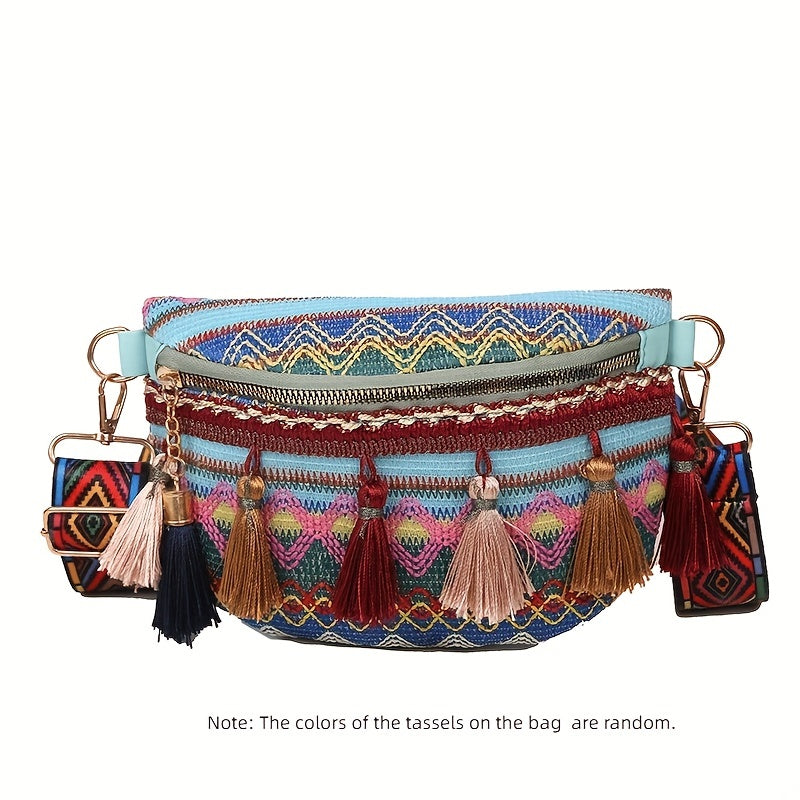 Ethnic Style Crossbody Bag Tassel Decor Canvas Chest Purse