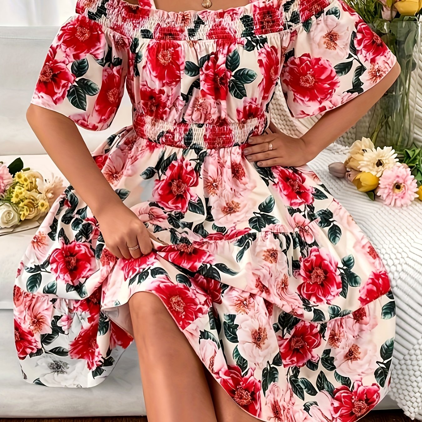  Floral Print Bow Knot Cold Shoulder Smock Dress