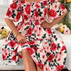  Floral Print Bow Knot Cold Shoulder Smock Dress
