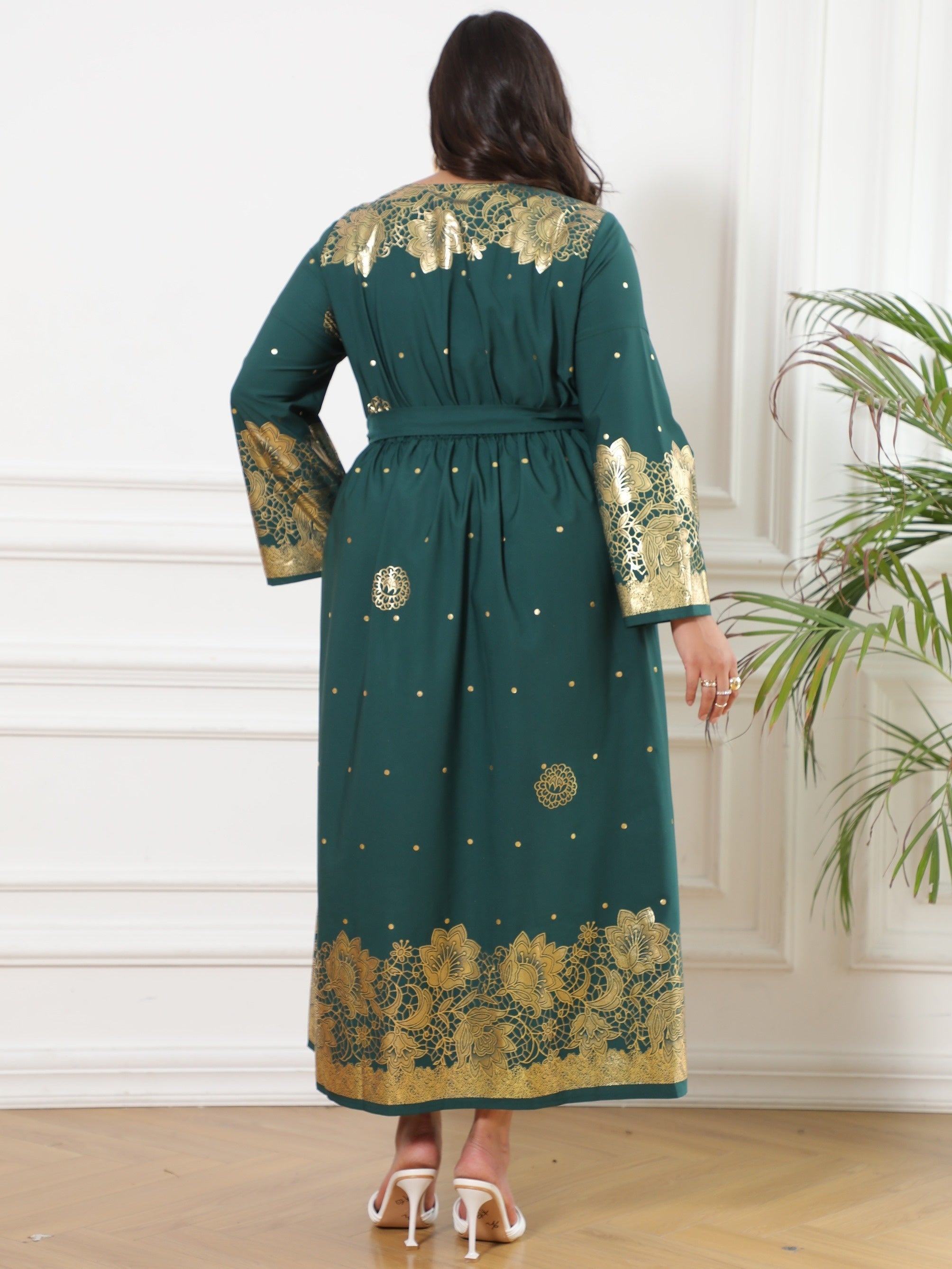  Abaya Dress Women's Plus Golden Floral Print Long Sleeve