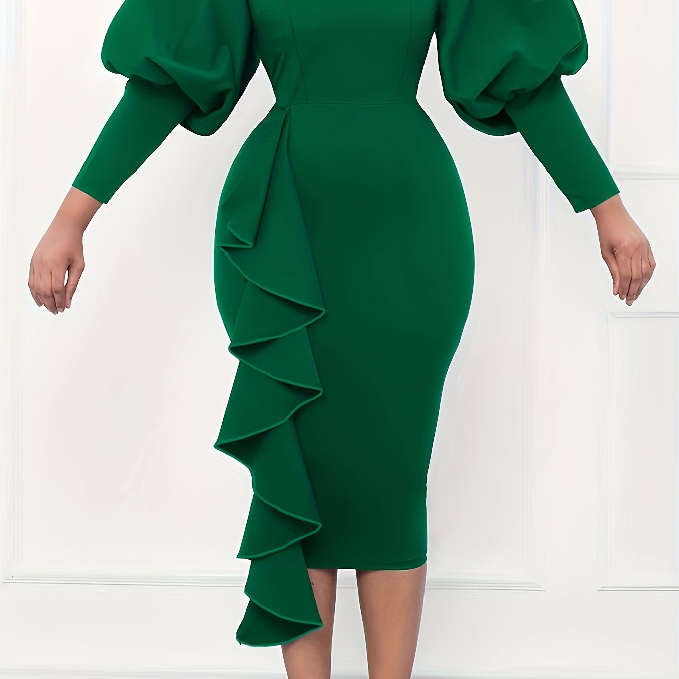  Puff Sleeve Bodycon Midi Dress