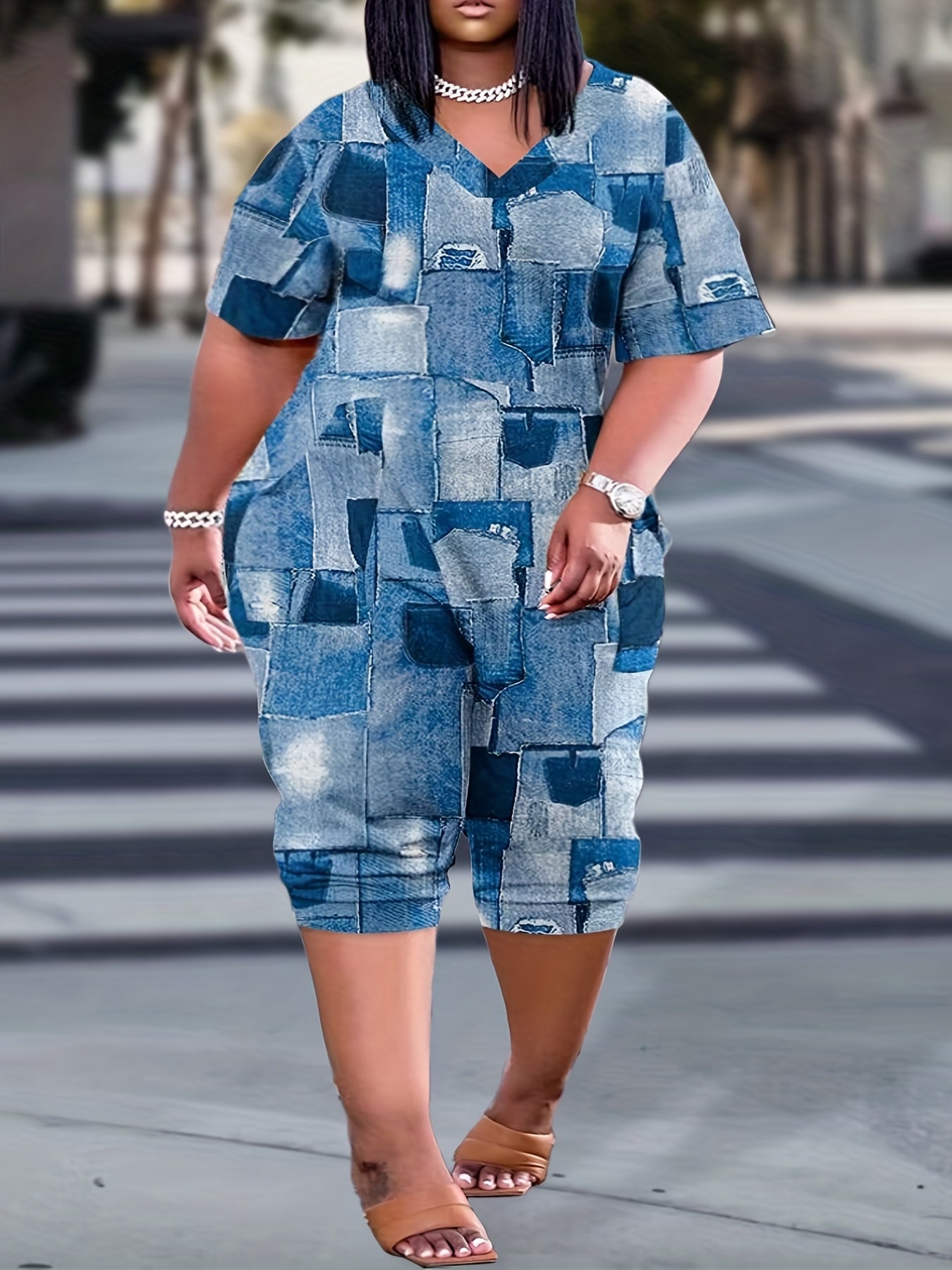  Denim Print V Neck Jumpsuit with Pockets