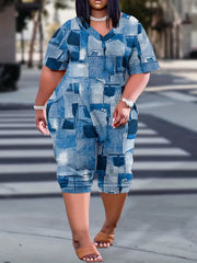  Denim Print V Neck Jumpsuit with Pockets